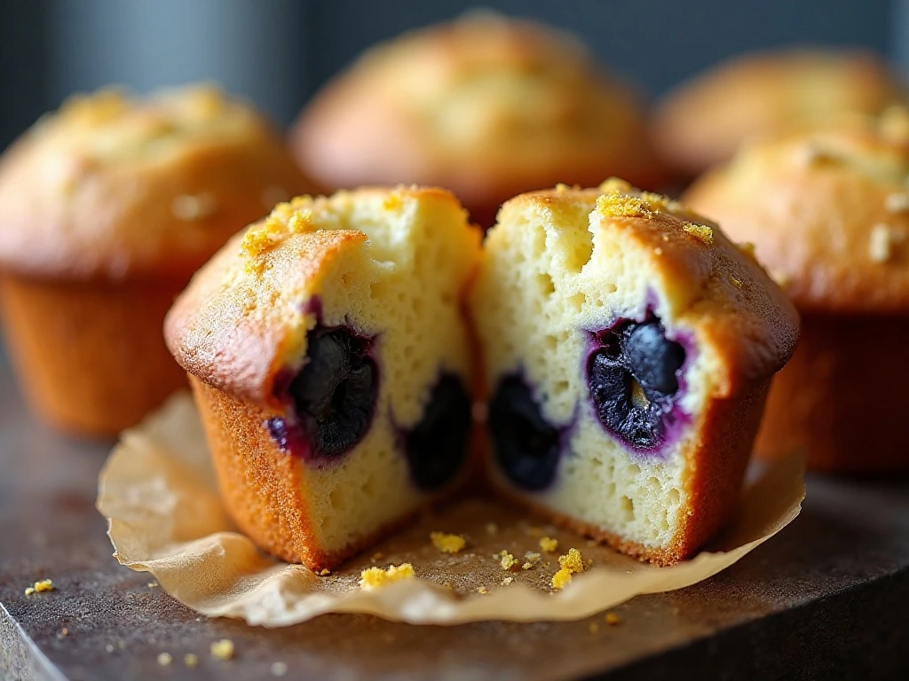 Close-up of the moist crumb and blueberries inside a muffin