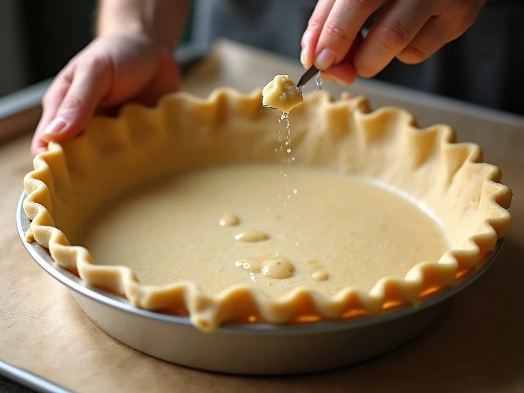 Pie crust prepared for blind-baking with parchment and pie weights