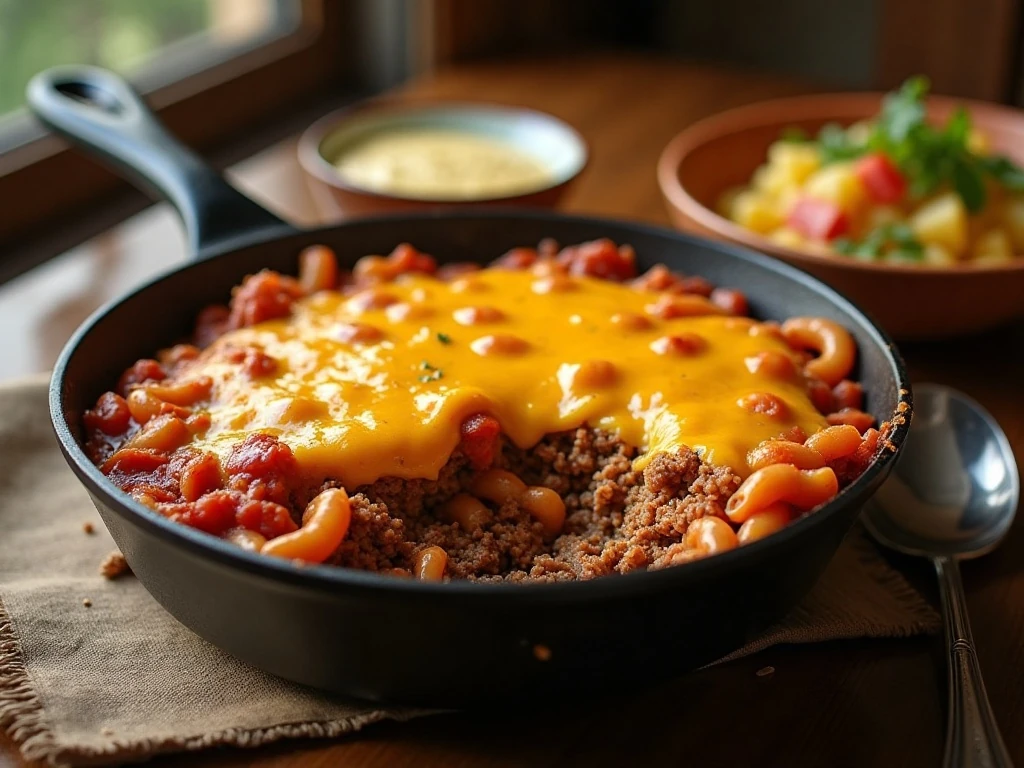 One-pot cheeseburger casserole with melted cheddar and tender macaroni