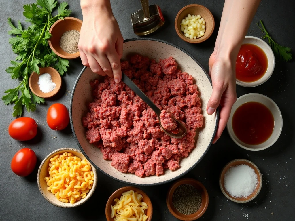 Ingredients for homemade cheeseburger casserole arranged on a kitchen counter