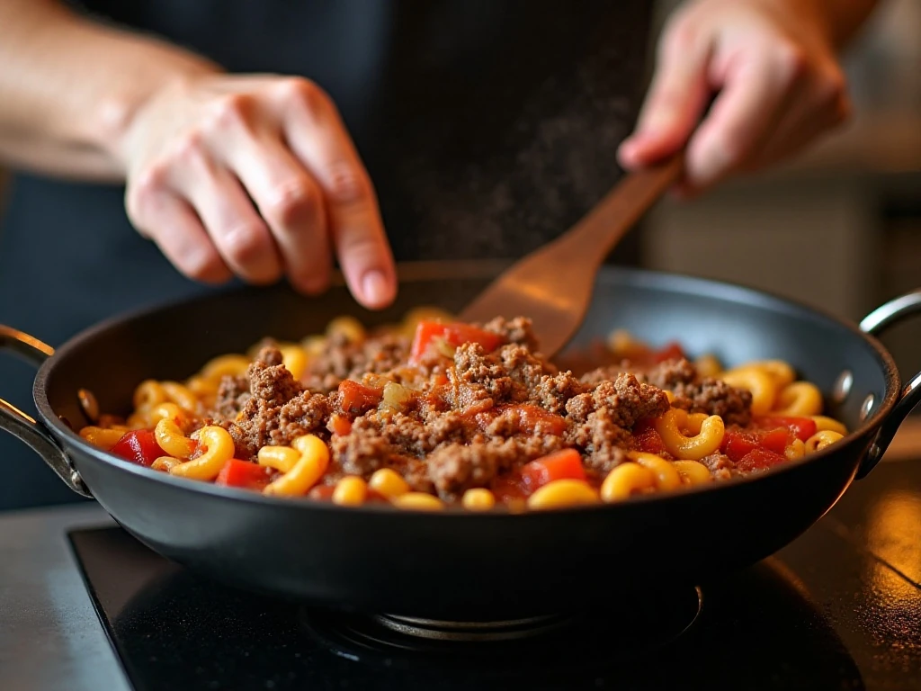 Cooking beef and macaroni together for cheeseburger casserole