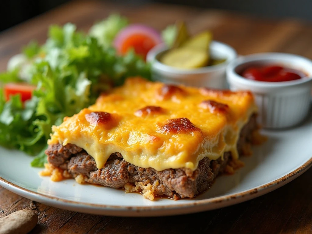 Cheeseburger casserole served with fresh toppings and a simple salad