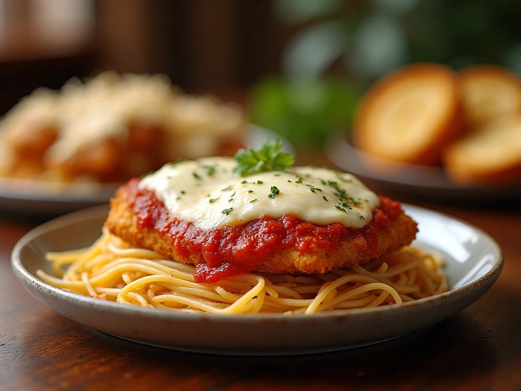 Crispy Chicken Parmesan served with spaghetti and garlic bread