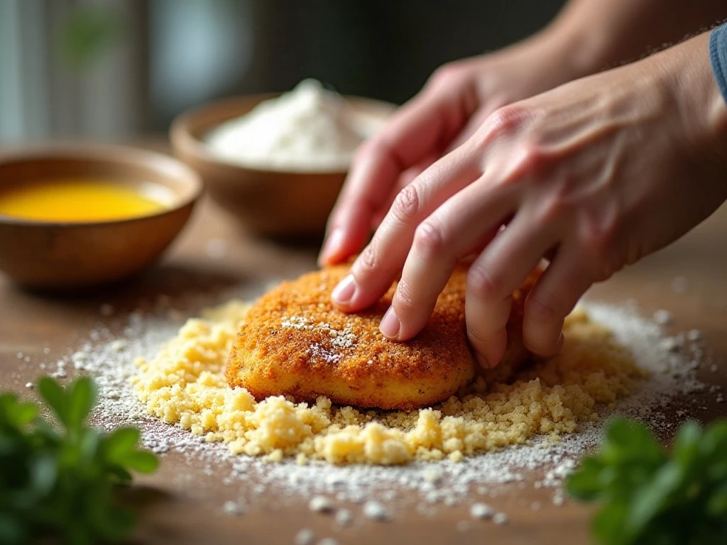 Breading chicken cutlets with breadcrumbs and Parmesan