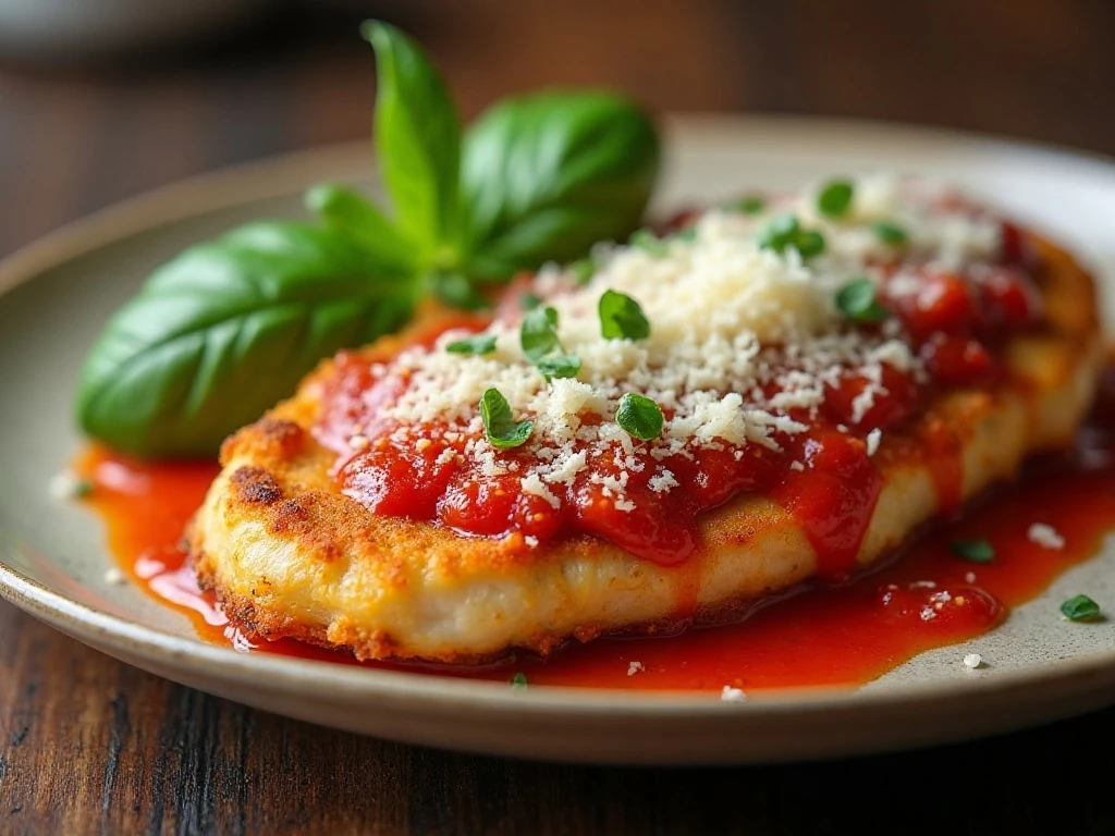 Close-up of reheated Chicken Parmesan with melted cheese and basil