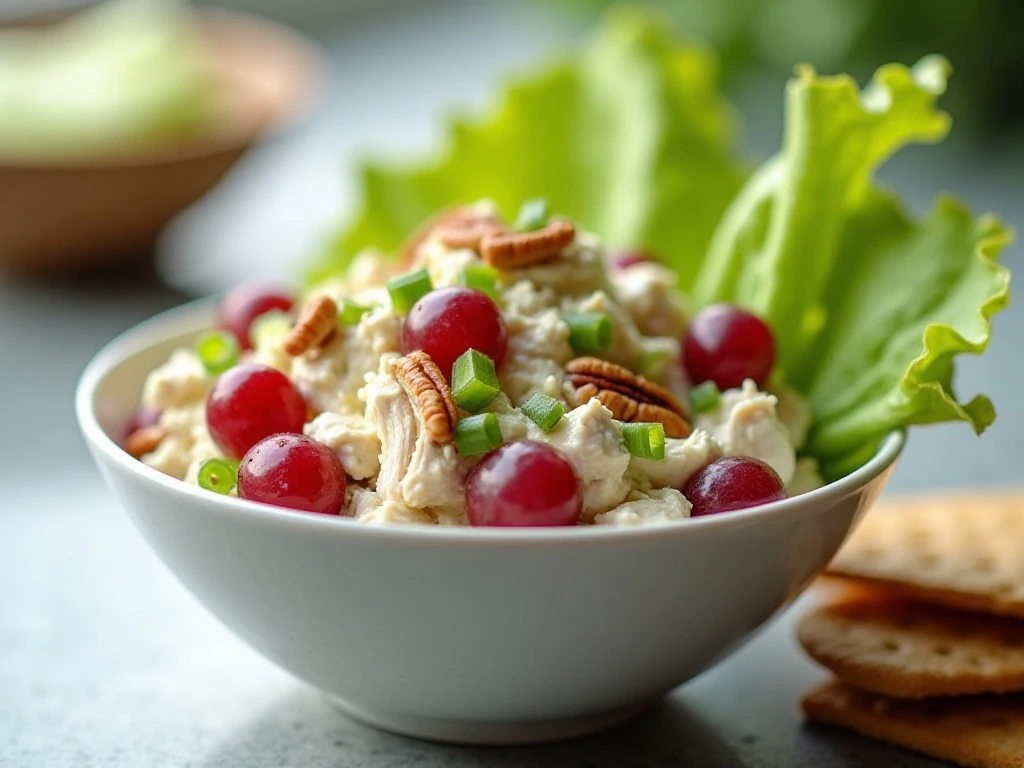 Creamy chicken salad with grapes, celery, and pecans served with lettuce and crackers