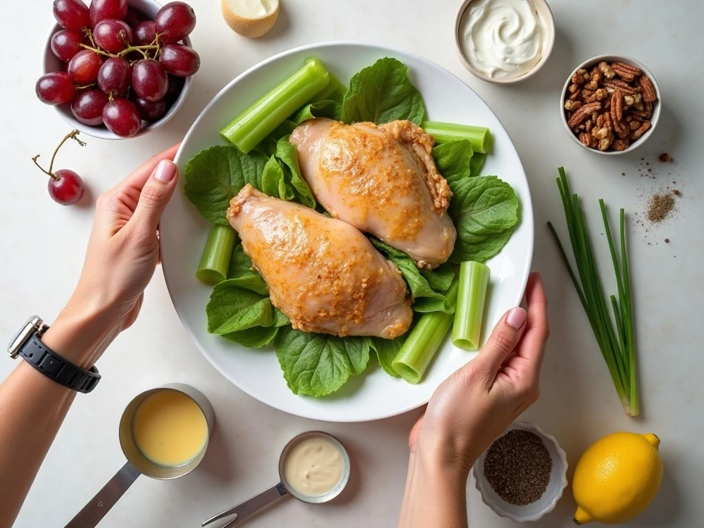 Ingredients for chicken salad with grapes arranged for preparation