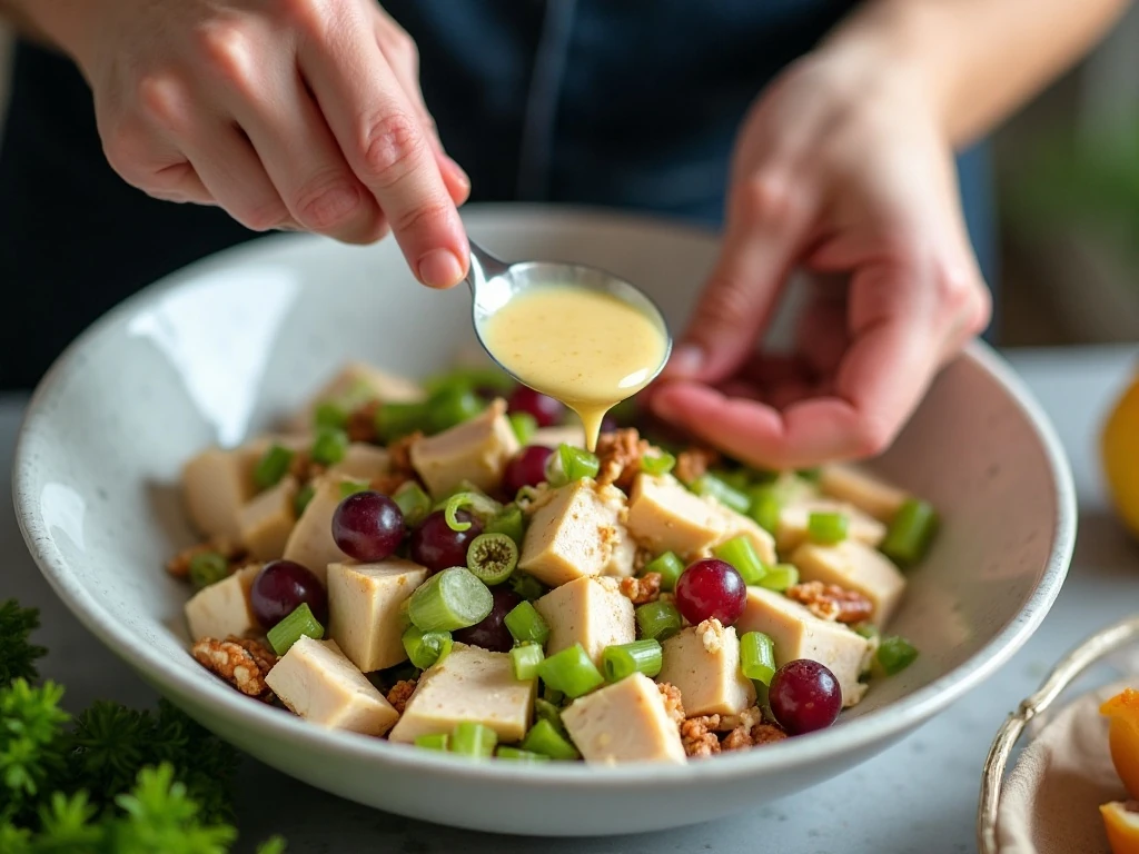 Chicken salad ingredients being gently folded into creamy dressing