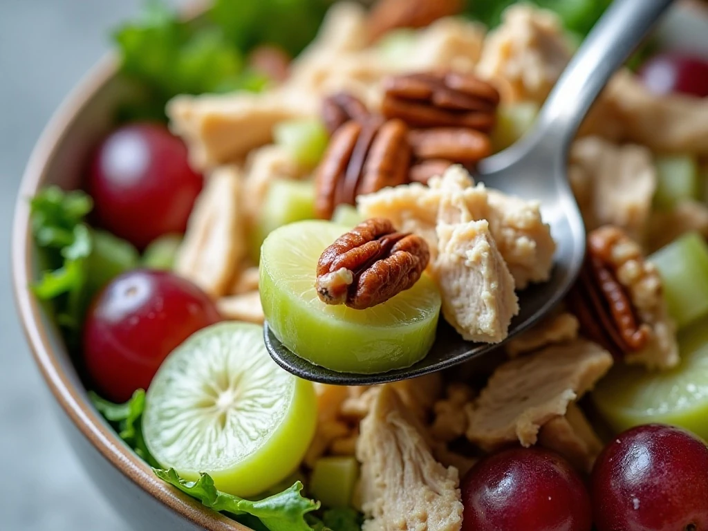 Close-up of grapes, chicken, celery, and pecans in creamy chicken salad