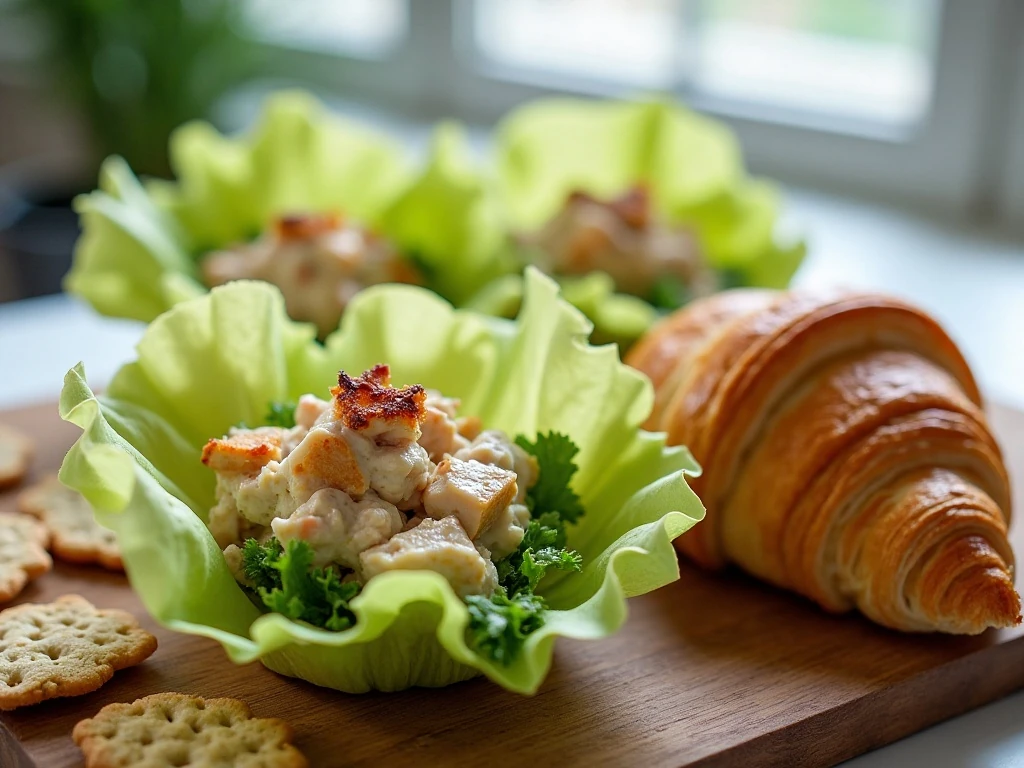 Chicken salad with grapes served in lettuce cups, croissant, and over greens