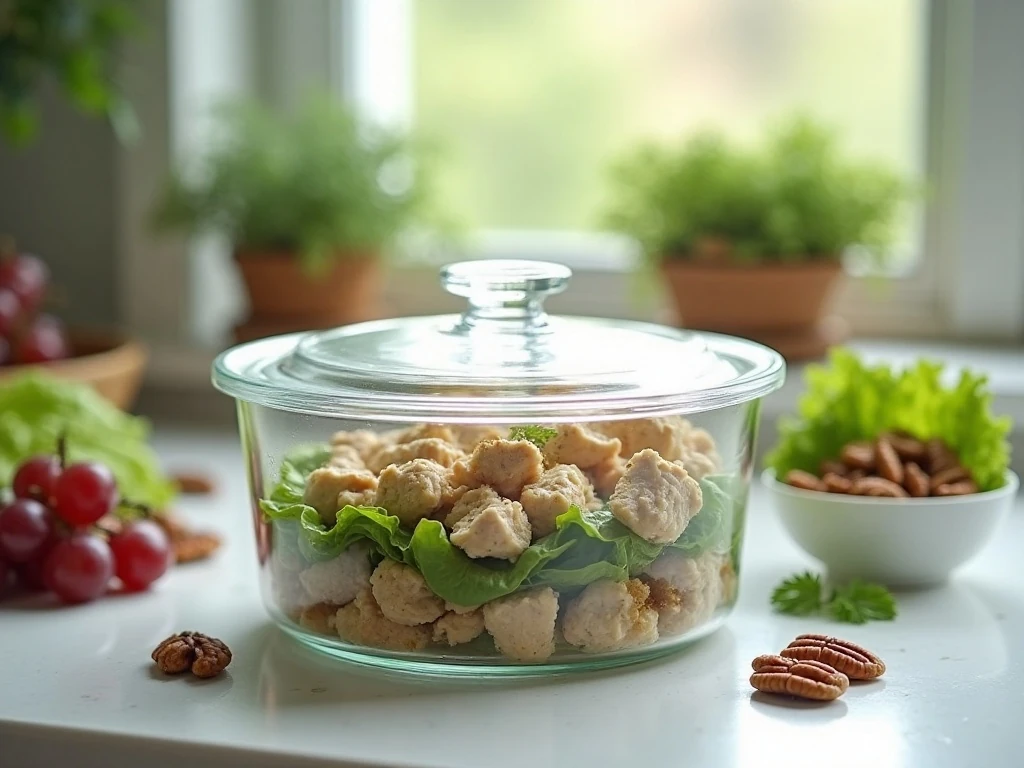 Make-ahead chicken salad with grapes stored in a covered container