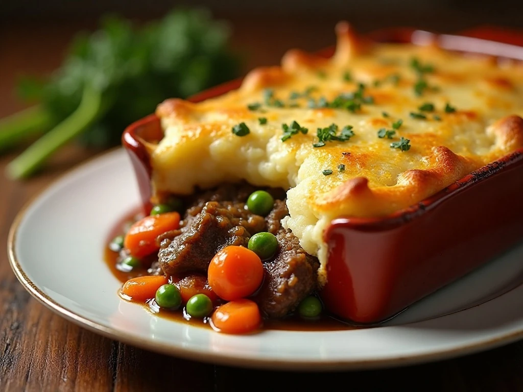 Golden cottage pie served with savory beef filling and mashed potatoes