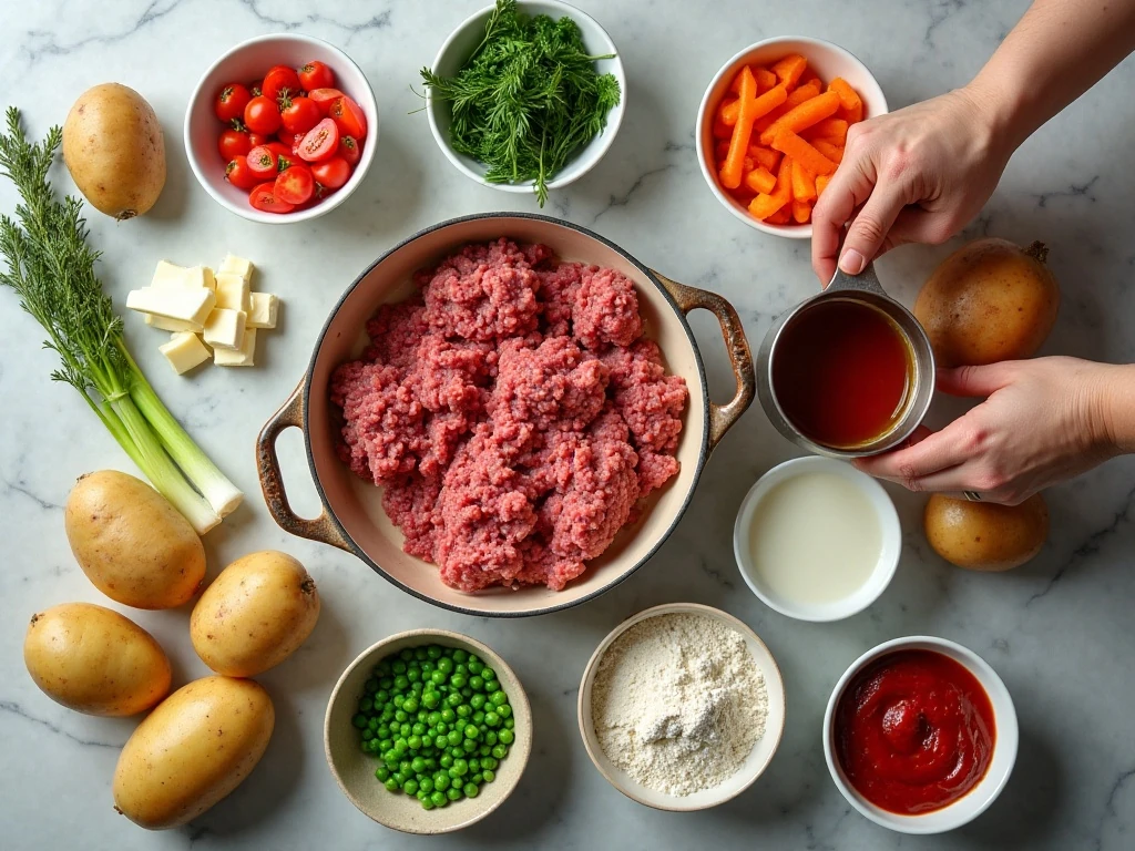 Ingredients for homemade cottage pie arranged on a kitchen counter