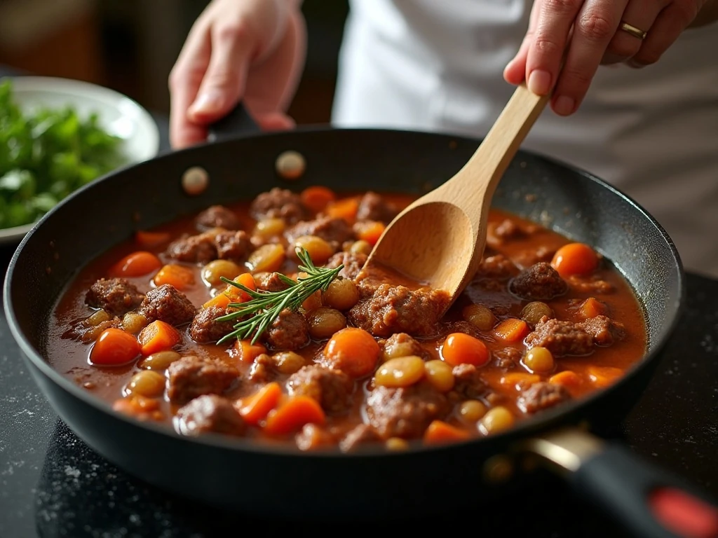 Browning beef and vegetables for cottage pie filling
