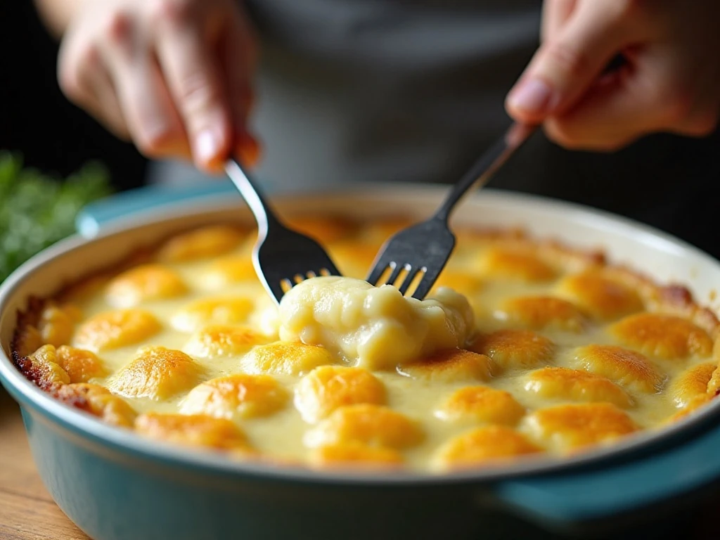Fork creating ridges in mashed potato topping before baking