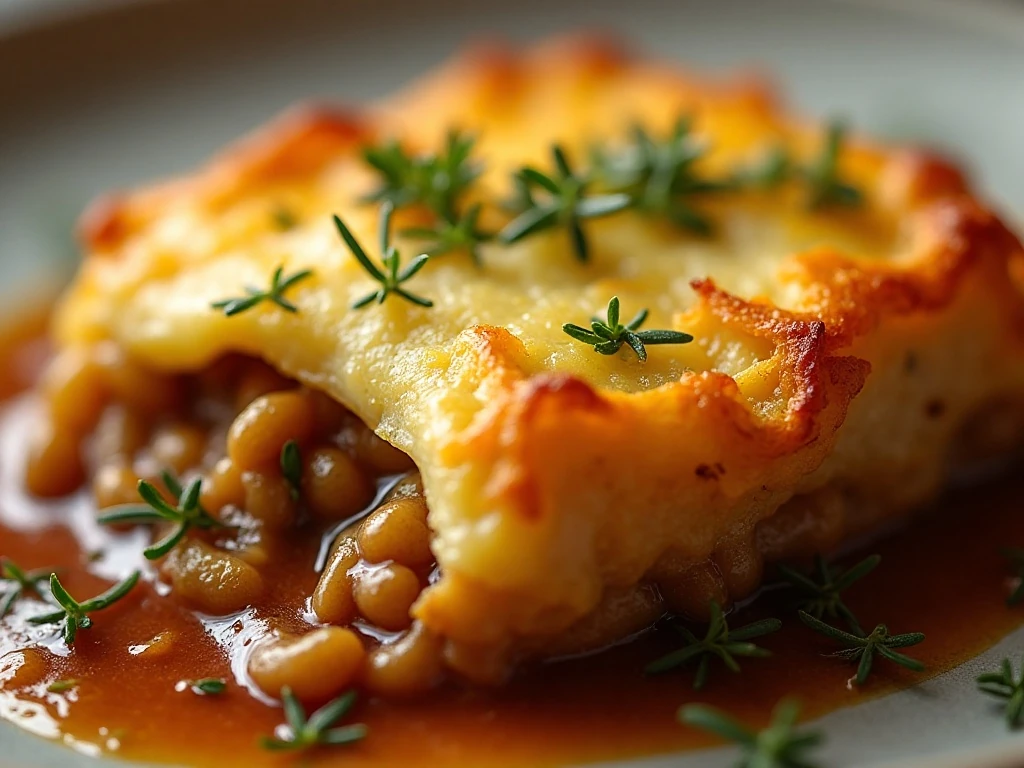 Crisp golden cottage pie topping with fresh thyme garnish