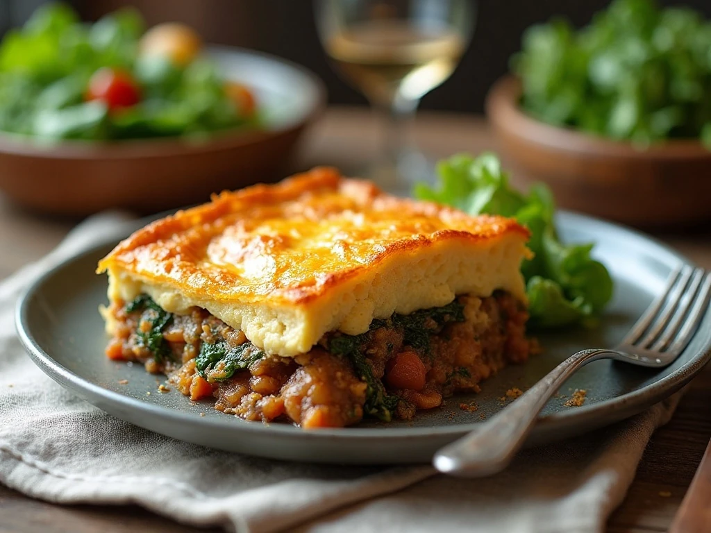 Cottage pie served with fresh green vegetables and salad