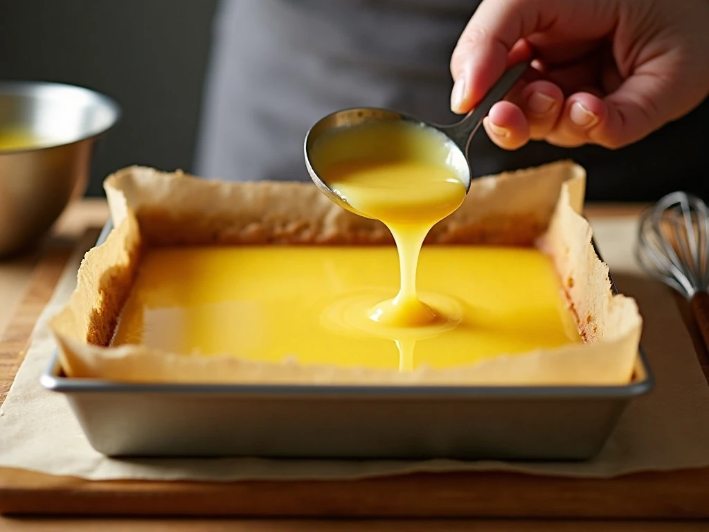 Lemon filling being poured over a shortbread crust