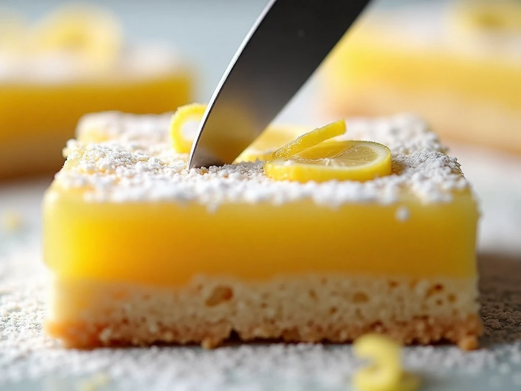 Close-up of a powdered sugar lemon bar with fresh zest