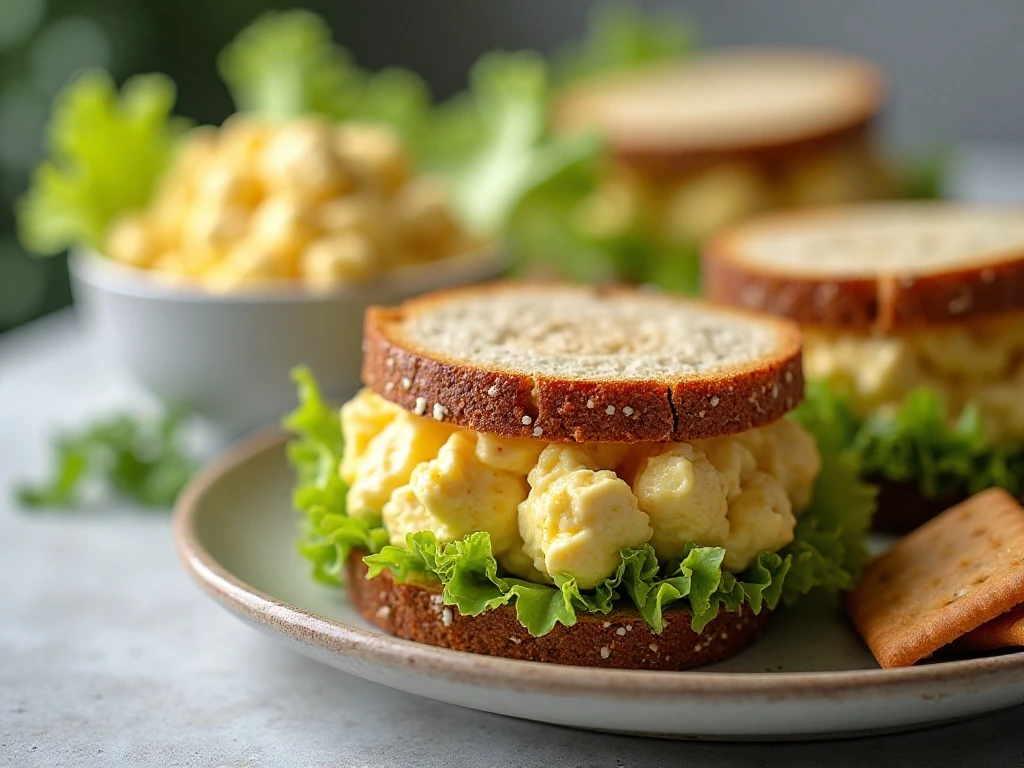 Creamy egg salad sandwich served with lettuce and crackers