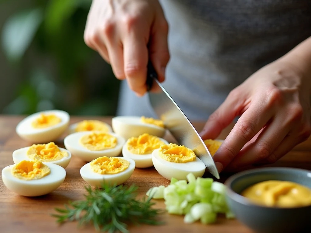 Preparing chopped eggs and creamy dressing for egg salad