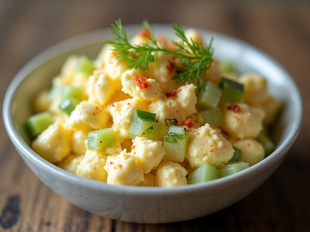 Close-up of egg salad with dill and paprika garnish