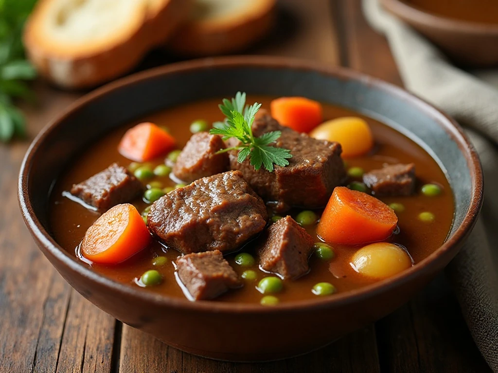 Hearty Instant Pot beef stew with beef, potatoes, carrots, and peas