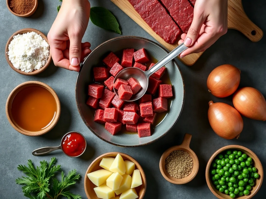 Ingredients for Instant Pot beef stew arranged on a kitchen counter