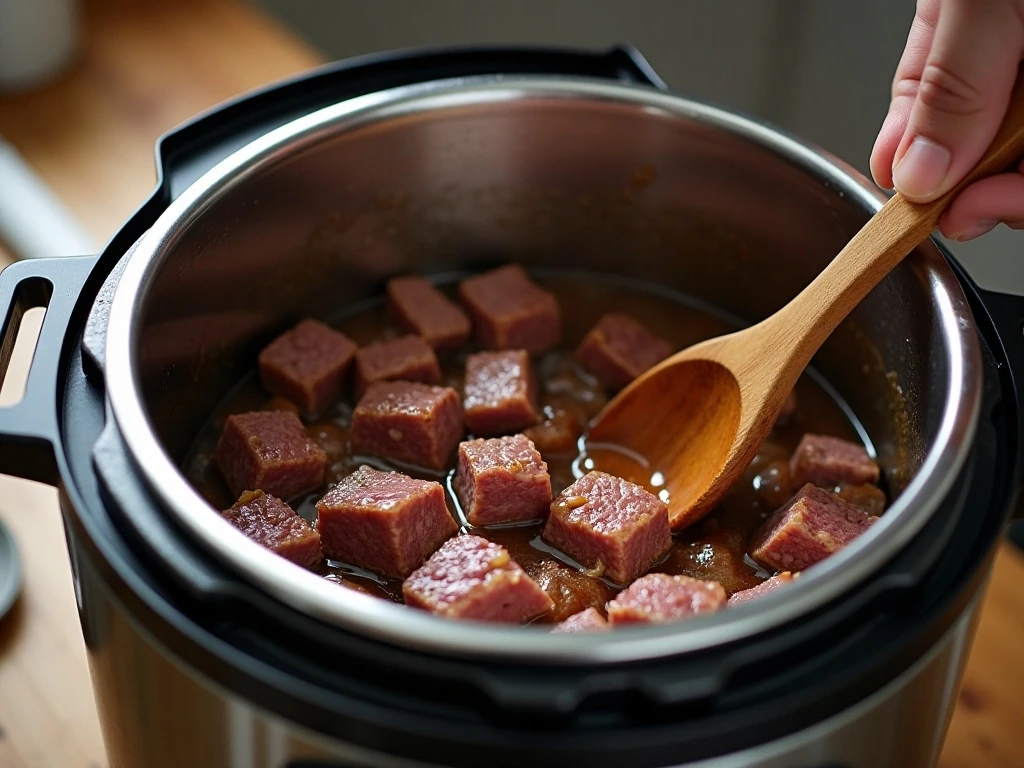 Beef cubes browning in the Instant Pot for beef stew