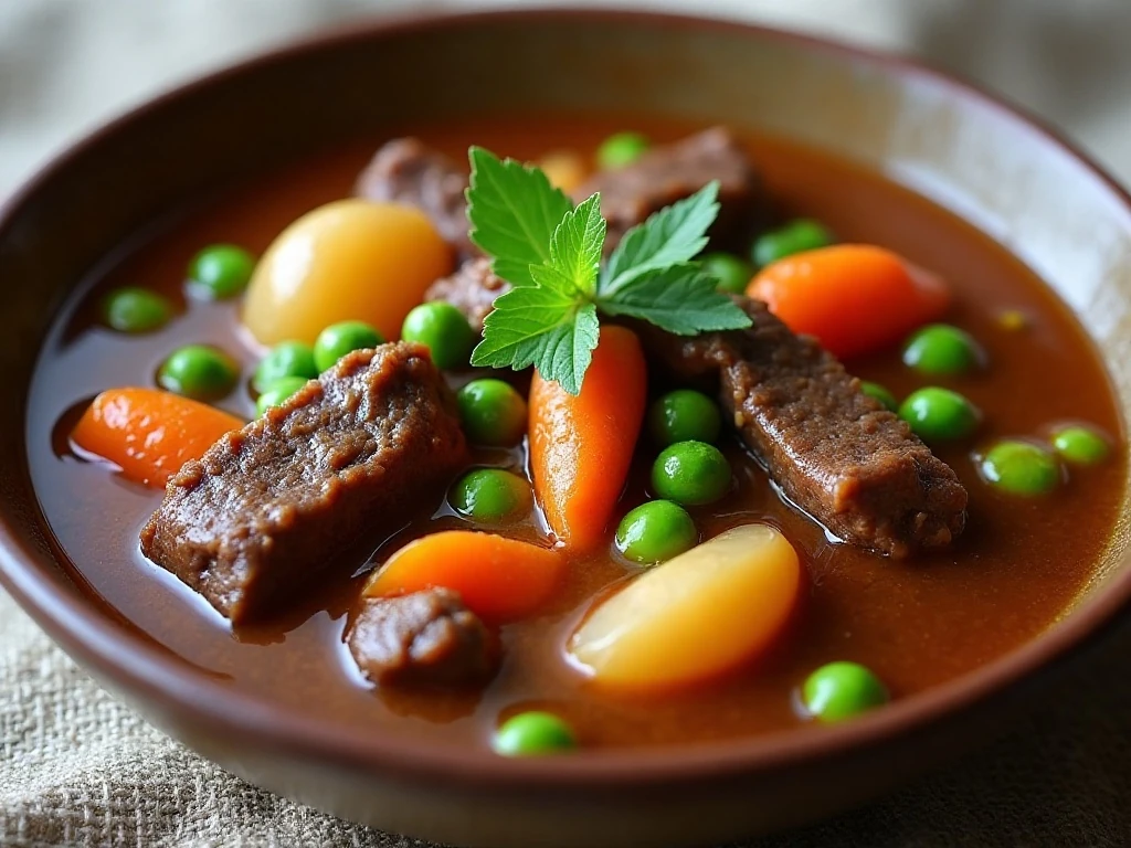 Close-up of tender beef stew with vegetables and glossy gravy