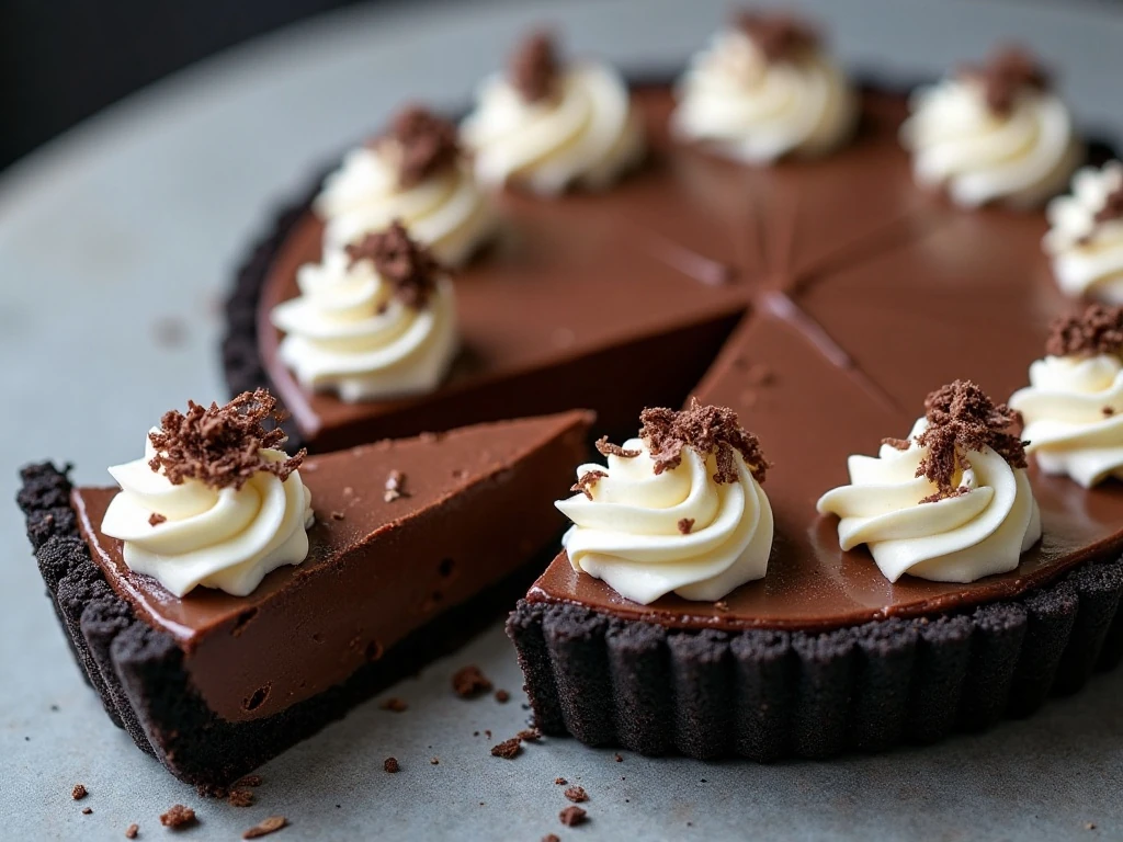 Whole French silk pie with whipped cream and chocolate curls