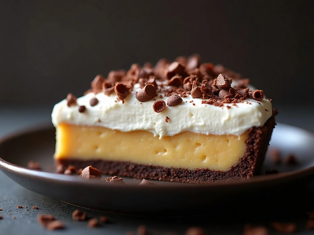 Close-up slice of silky French silk pie with chocolate curls