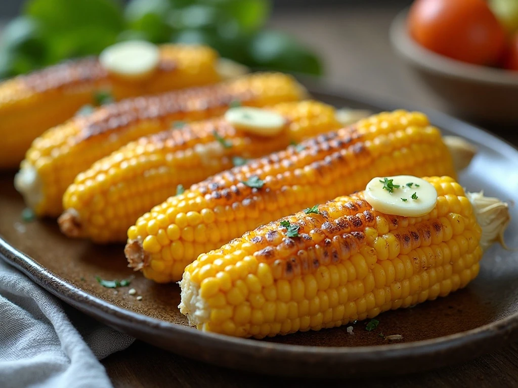 Platter of buttery grilled corn on the cob with light char marks
