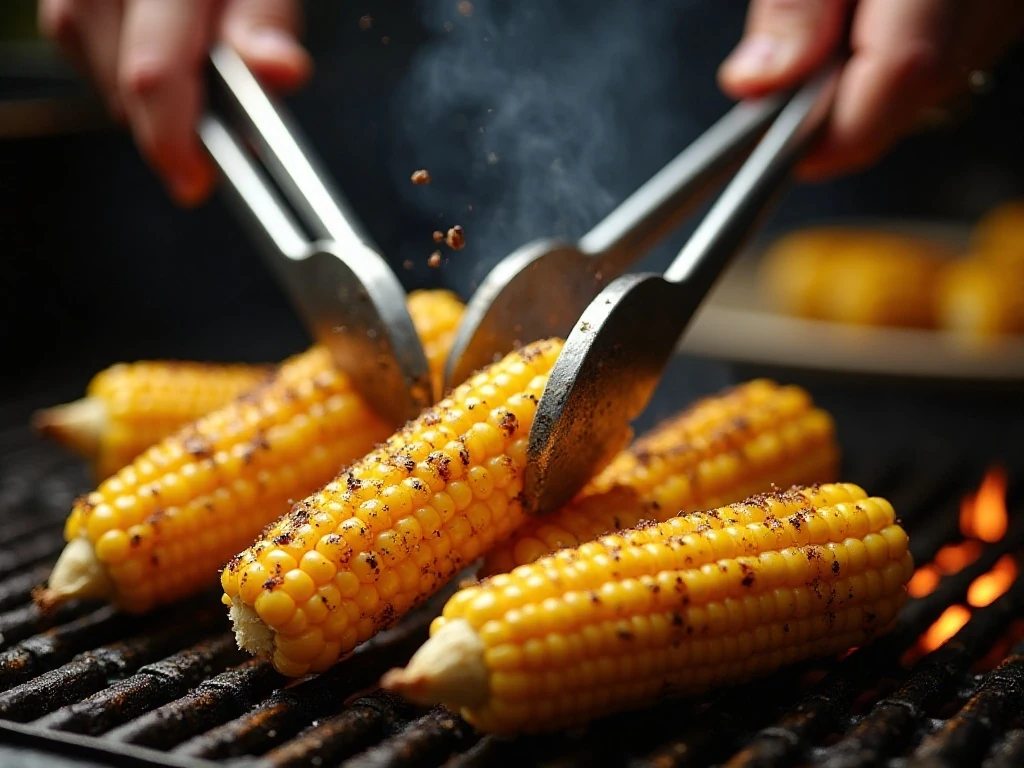 Corn being turned on the grill during cooking
