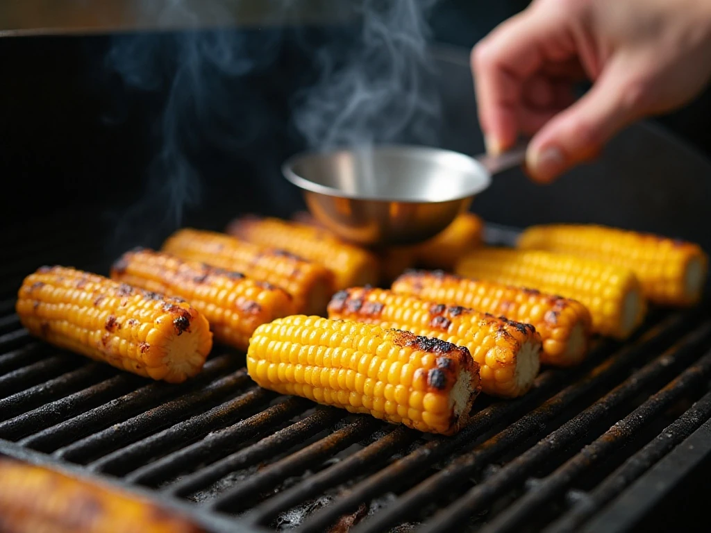 Corn ears grilling over medium-high heat