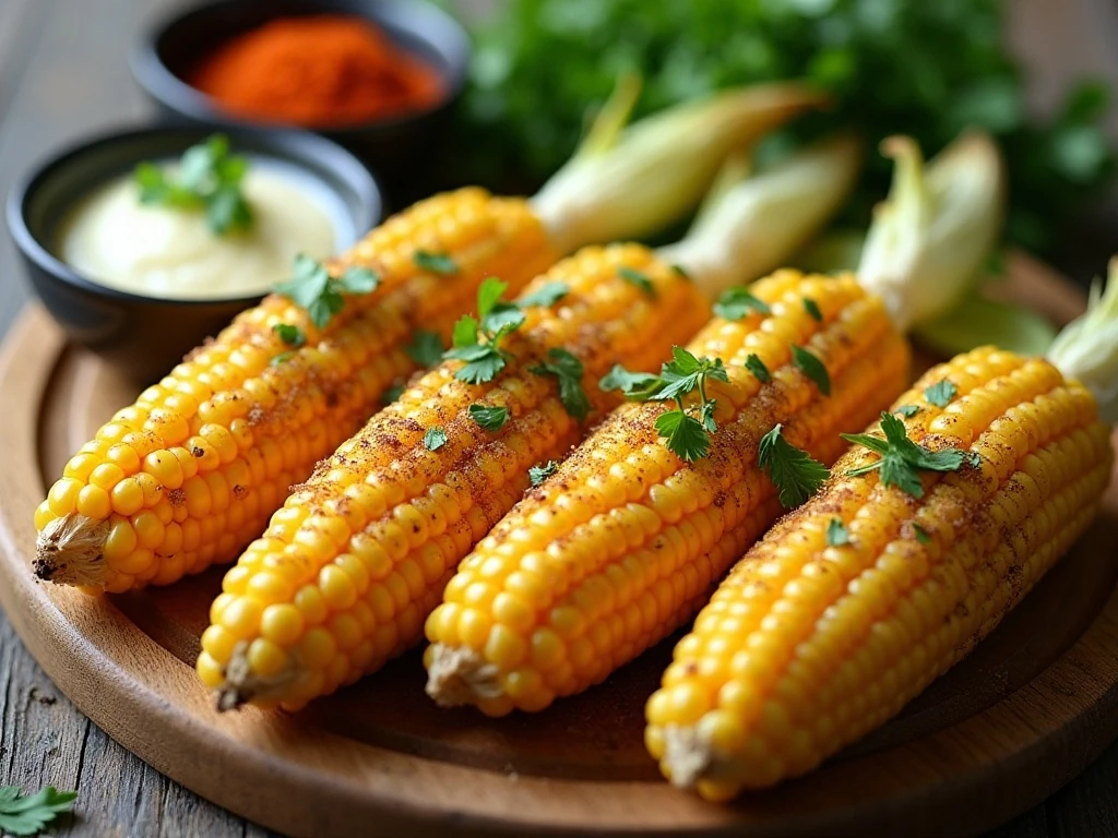 Grilled corn with lime, chili, Parmesan, and cilantro toppings