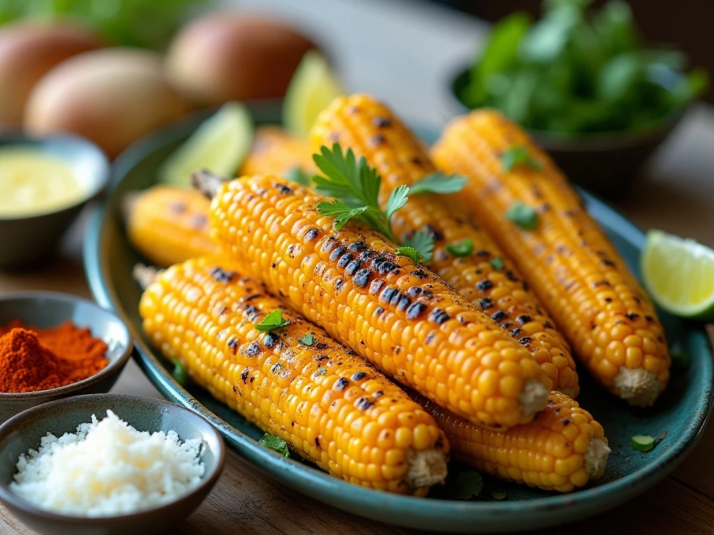 Grilled corn served with butter and assorted toppings