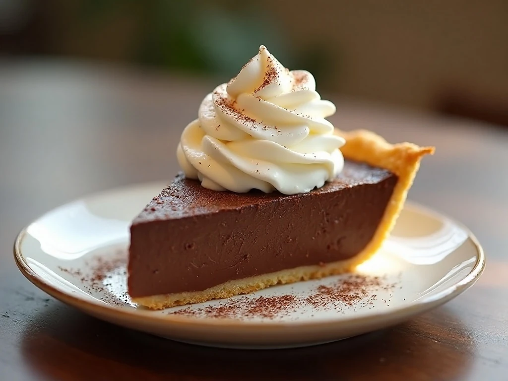 Slice of homemade chocolate pudding pie with whipped cream