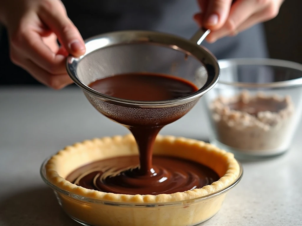 Straining chocolate custard for a smooth pie filling