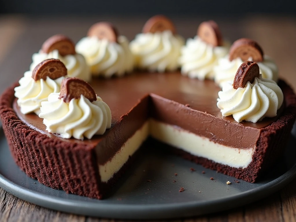 Chilled chocolate pudding pie topped with whipped cream and chocolate curls