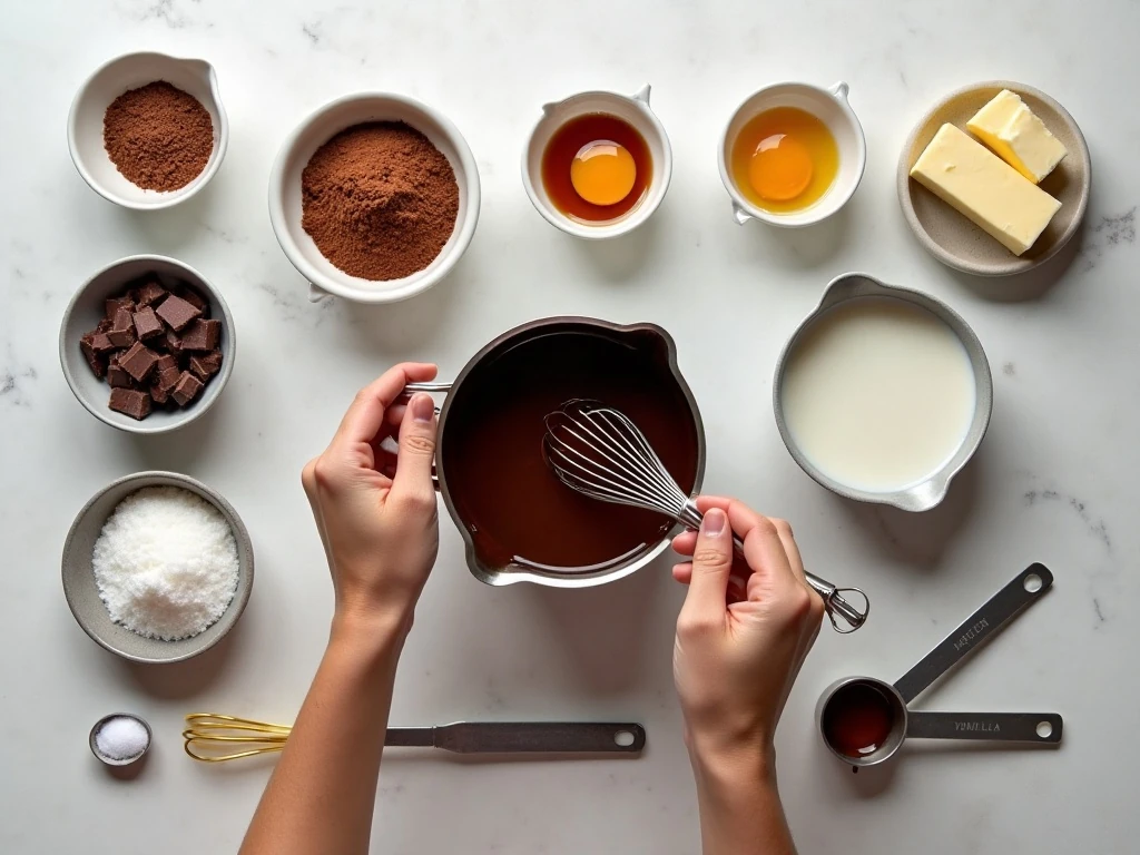 Ingredients for homemade chocolate pudding arranged for cooking