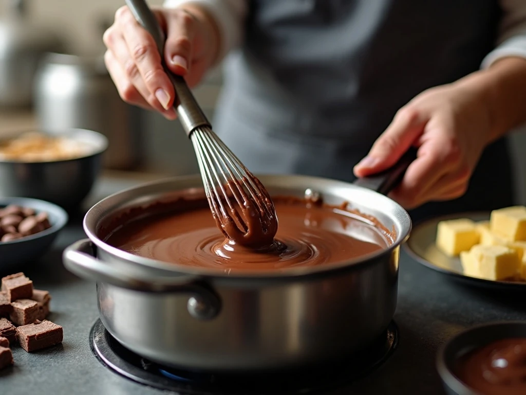 Whisking chocolate pudding as it thickens in a saucepan