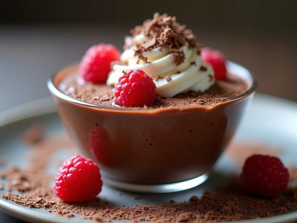 Chocolate pudding topped with whipped cream, shavings, and raspberries