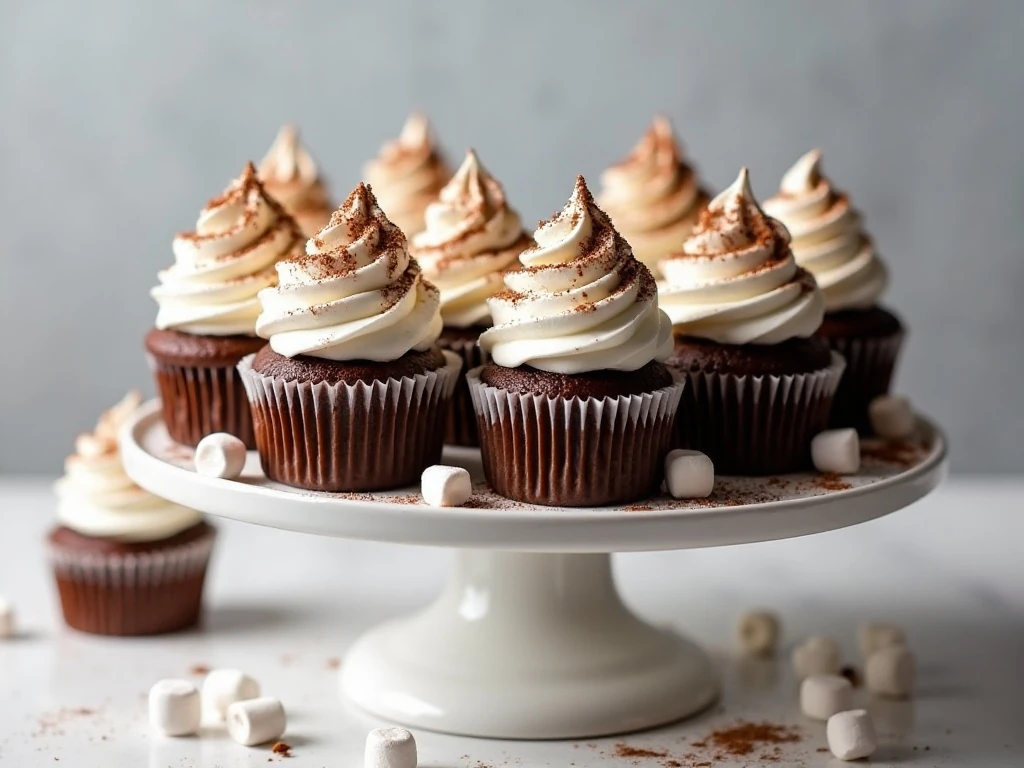 A platter of chocolate hot chocolate cupcakes with marshmallow frosting