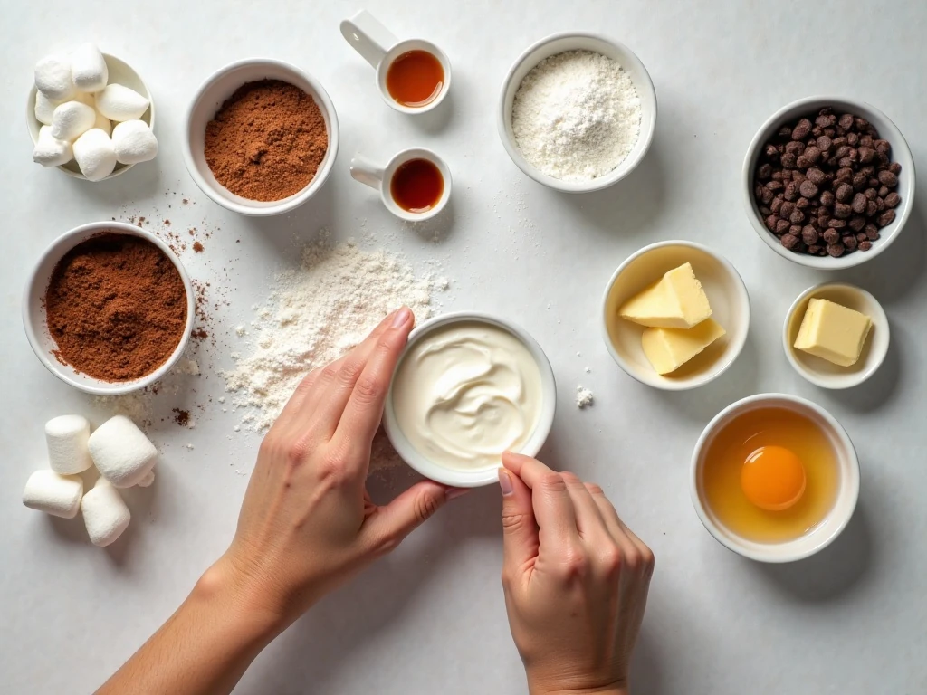 Ingredients for chocolate cupcakes and marshmallow frosting