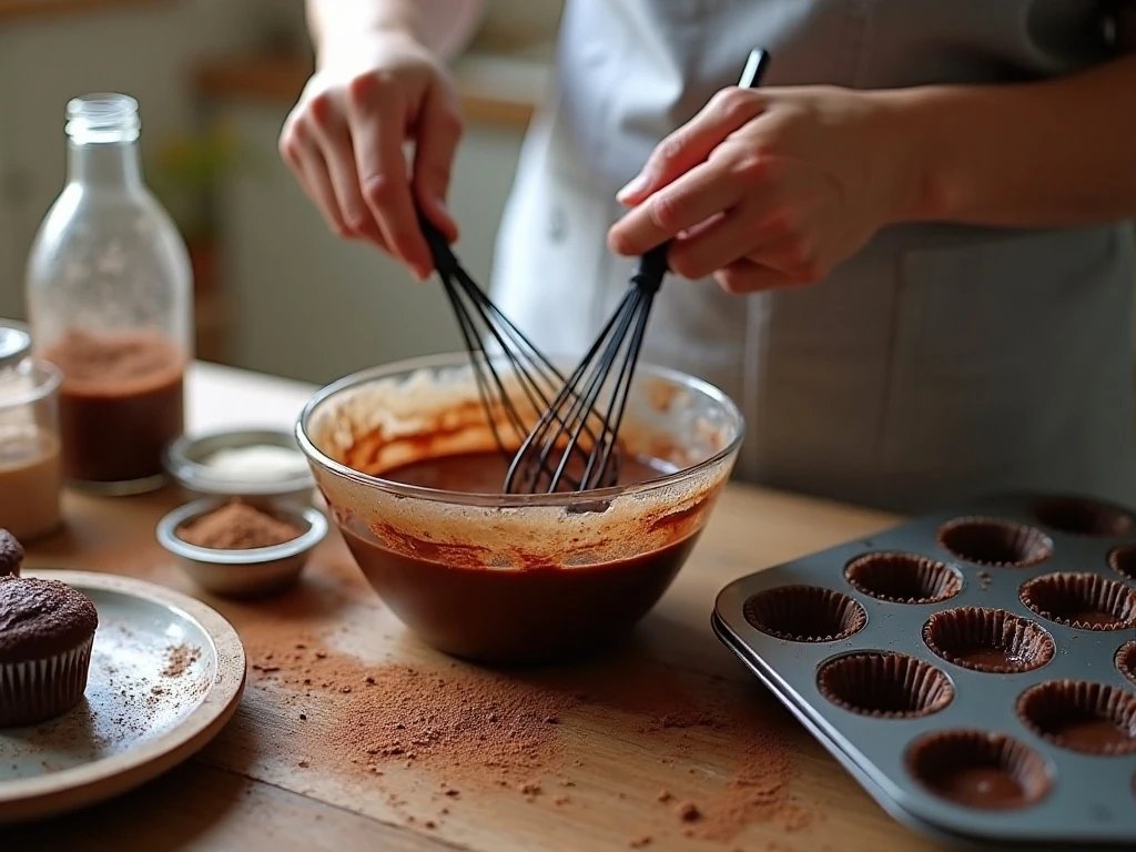 Preparing chocolate cupcake batter in a mixing bowl