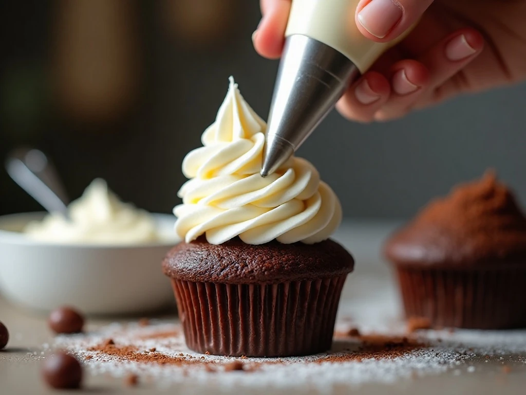 Piping marshmallow frosting onto a chocolate cupcake