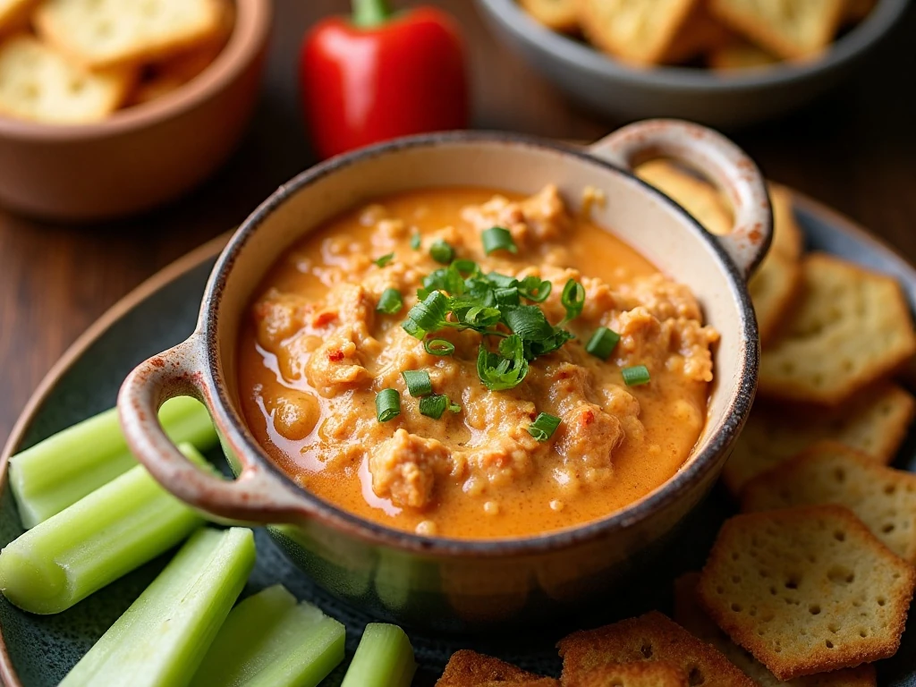 Creamy hot crab dip served with crackers, bread, and fresh vegetables