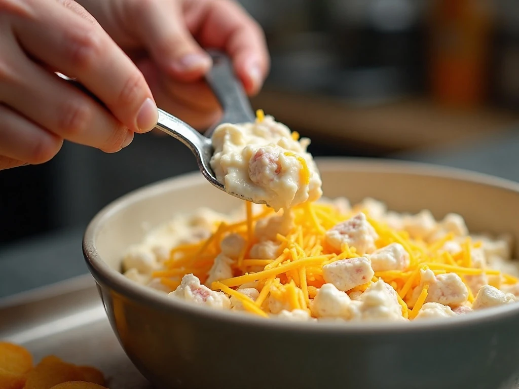 Creamy crab dip mixture being gently folded before baking