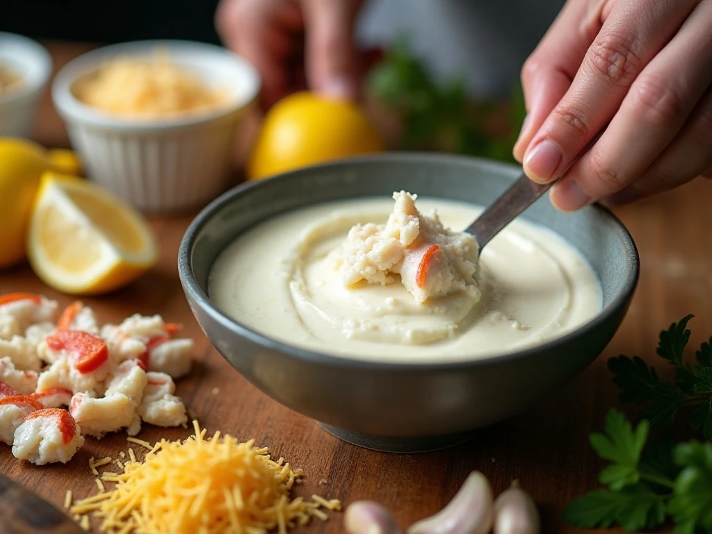 Prepared crab dip ingredients and smooth cream cheese base